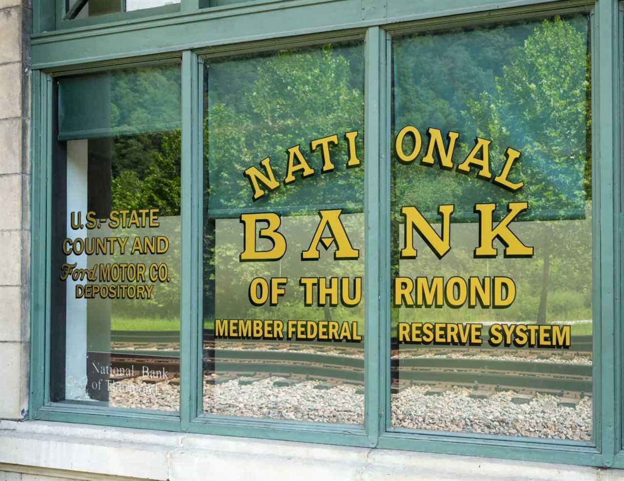 Window of the National Bank of Thurmond in the pet friendly ghost town of Thurmond, WV