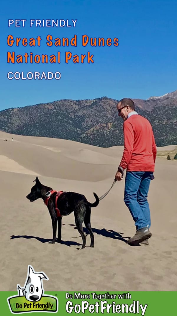 Man walking with a dog in pet friendly Great Sand Dunes National Park, Colorado