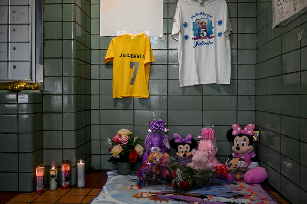 A memorial for Julissia Batties, 7, at the building in the Bronx where she lived and died.