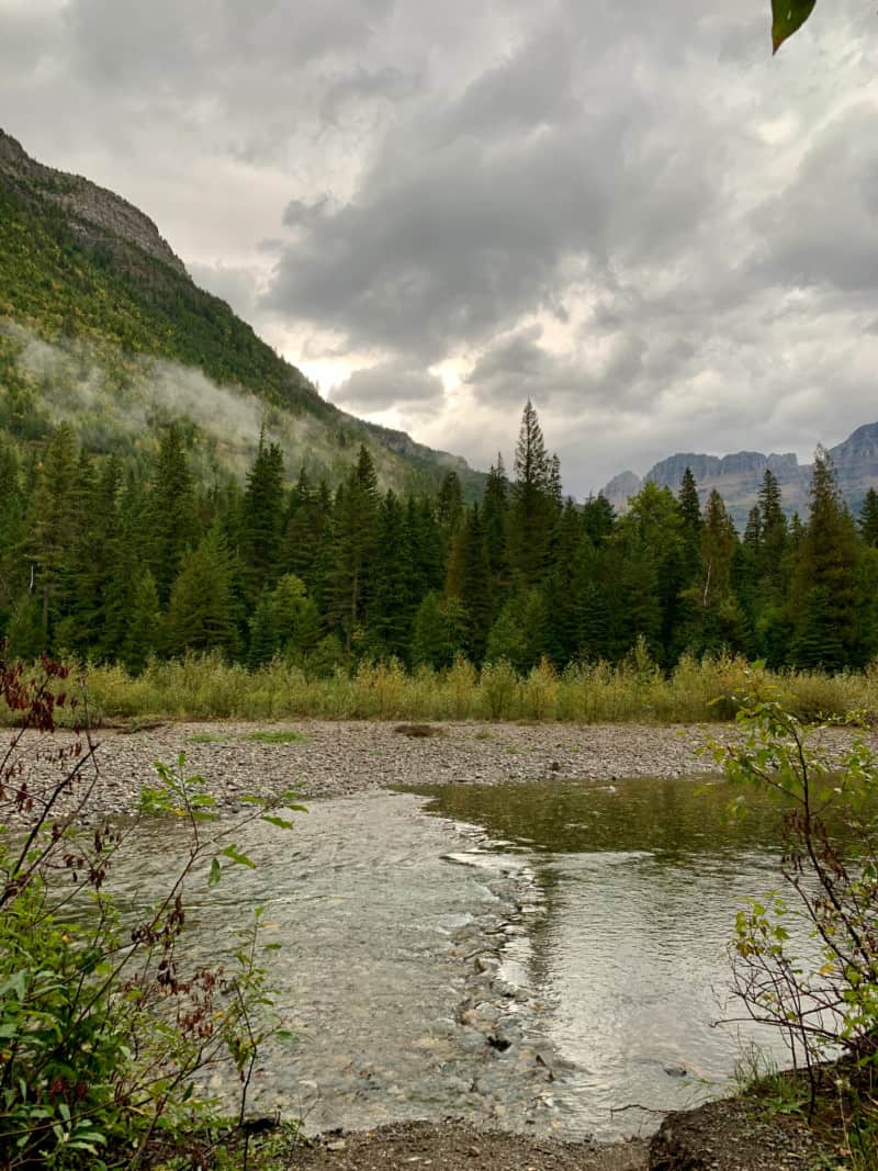 View of a calm river with pines and mountains in the background at Glacier National Park, Montana