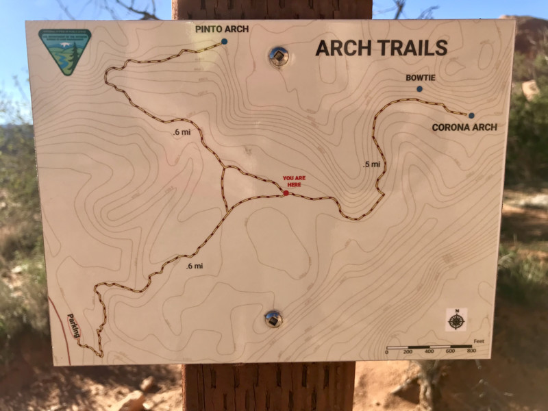 Map of dog friendly hiking trails at Corona Arch in Moab, UT