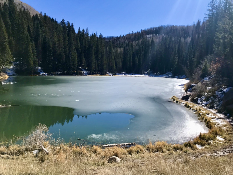 Oowah Lake beginning to freeze over in the La Sal Mountain near Moab, UT