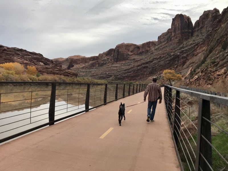 Man walking brindle dog on paved path along the Colorado River - Moab, UT