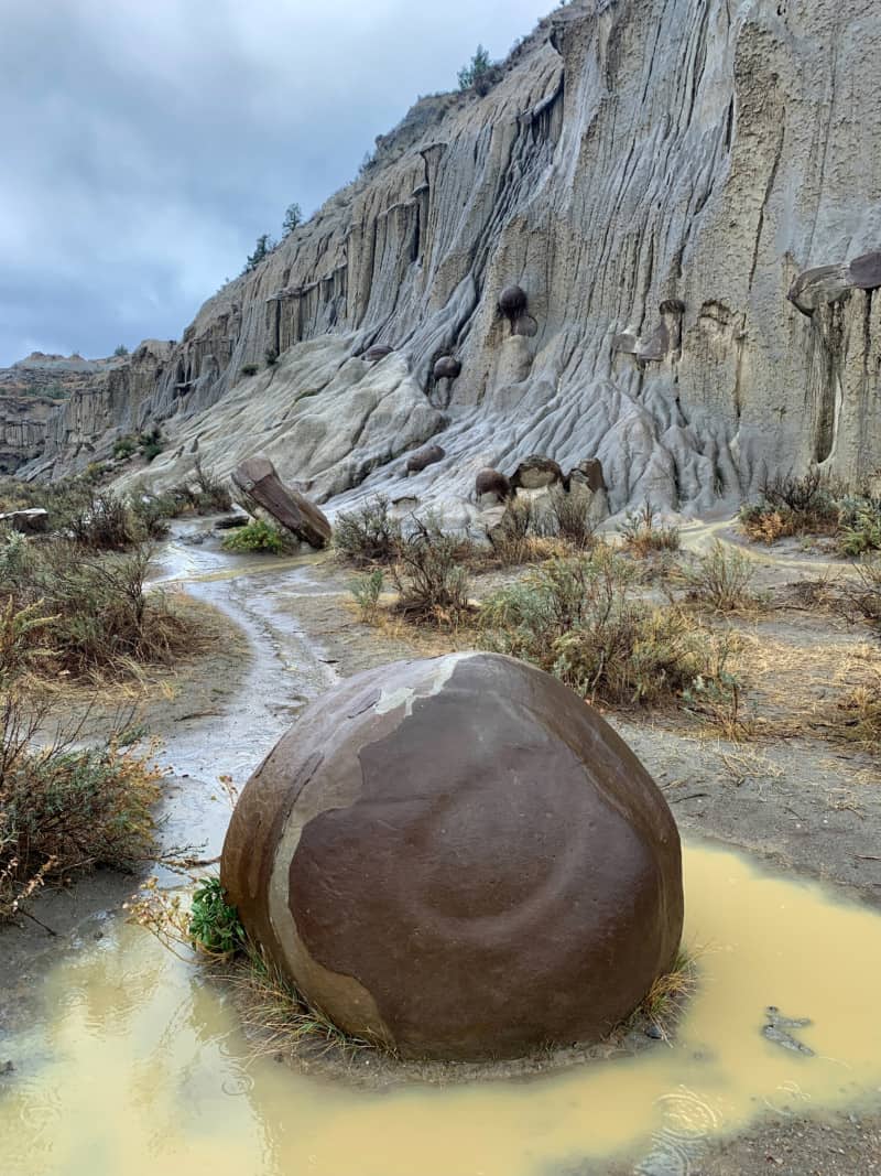 A giant round boulder sits in a puddle at the base of a hillside in Theodore Roosevelt National Park