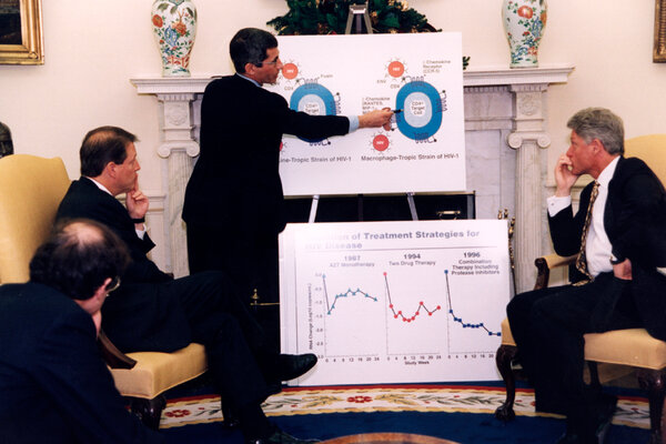 Dr. Anthony S. Fauci, the top government scientist investigating H.I.V., gave a lesson on the biology of AIDS to President Bill Clinton and Vice President Al Gore at the White House in 1996.