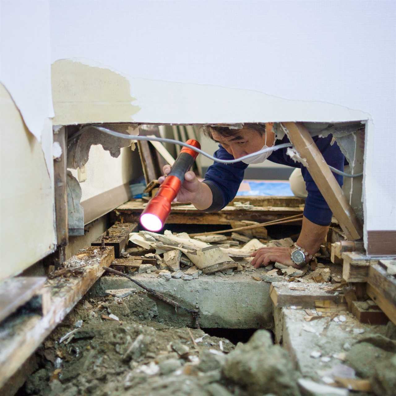 Construction worker examining floor