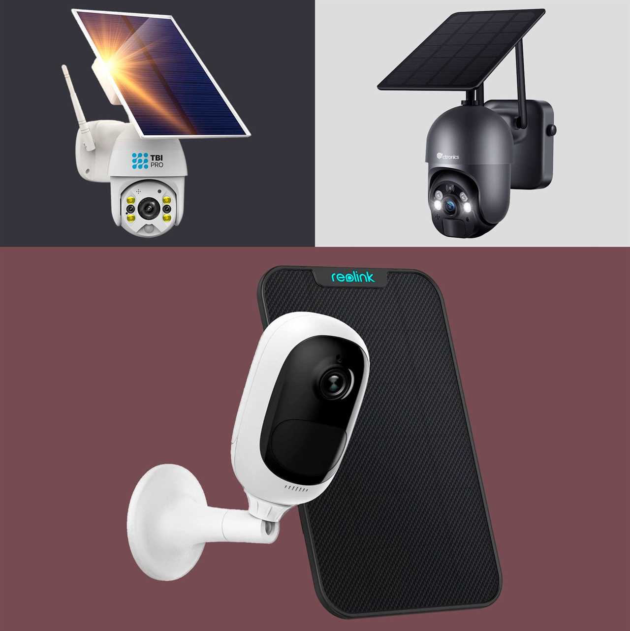 collage of three solar powered security cameras