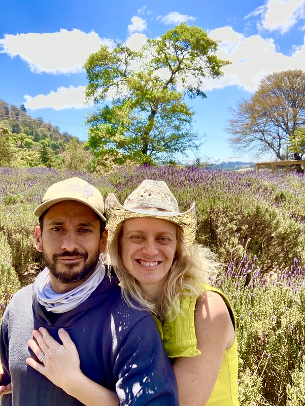 a couple hugging in a lavander farm