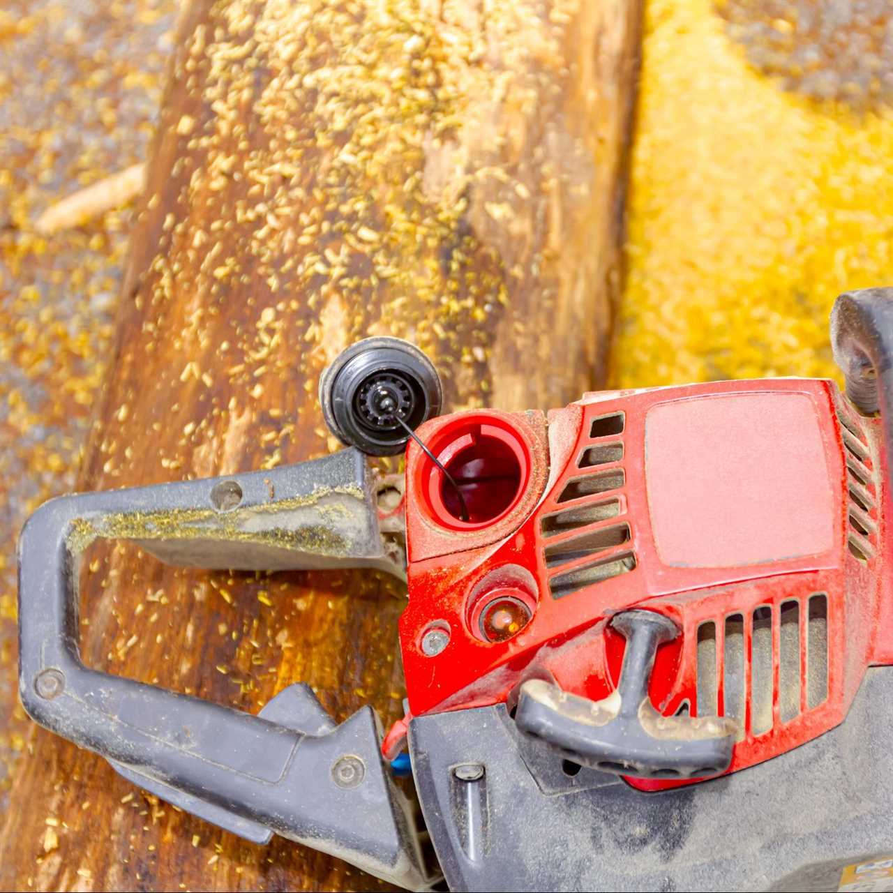 Chainsaw putted down on the stumps with open fuel reservoir