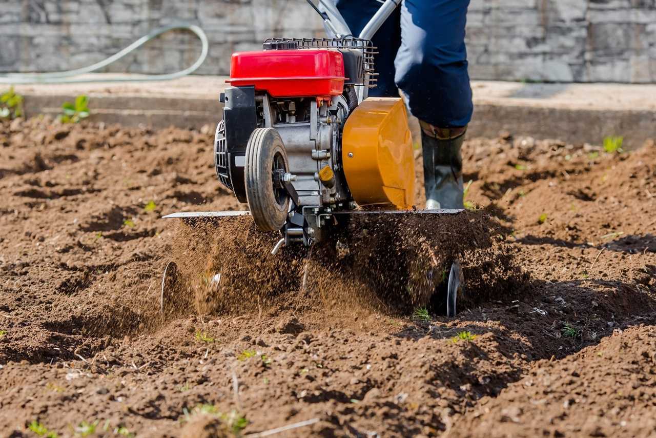 Banner. Man Farmer plows the land with a cultivator. Agricultural machinery: cultivator for tillage in the garden,motor cultivator.