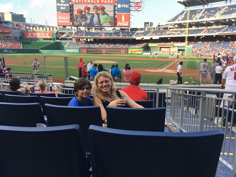 mom and son in a baseball game at the nationals park in washington dc