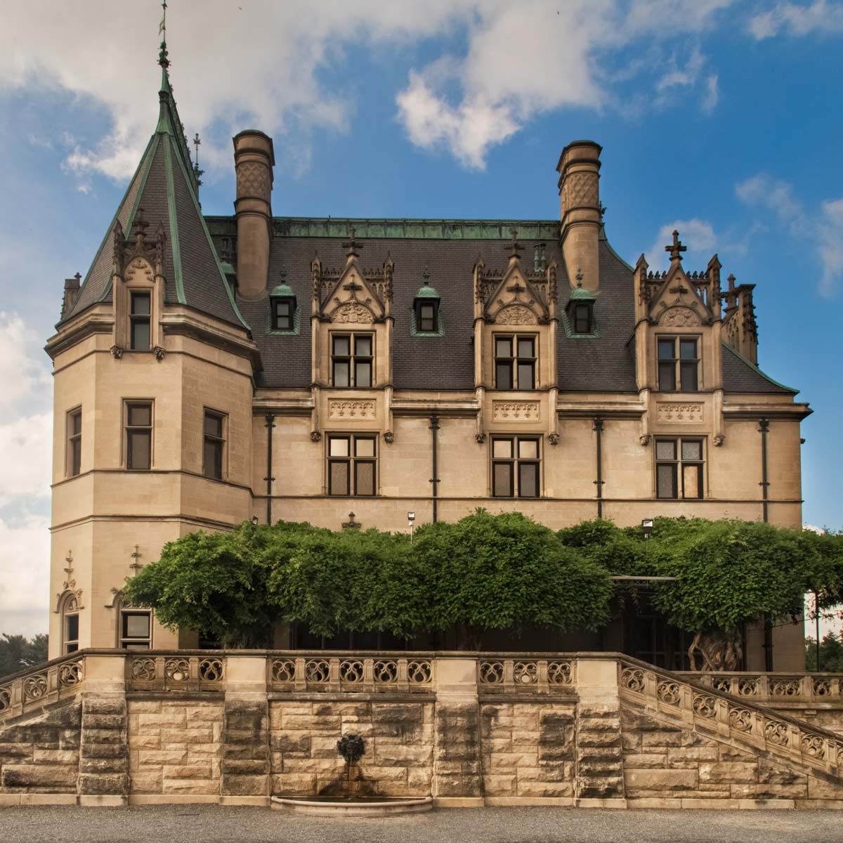 Biltmore estate with towers and architecture details. Gilded age of american history. French Renaissance chateau.