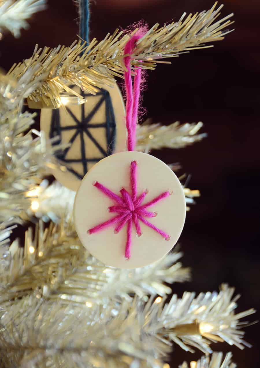 Diy geometric hand stitched wooden ornaments