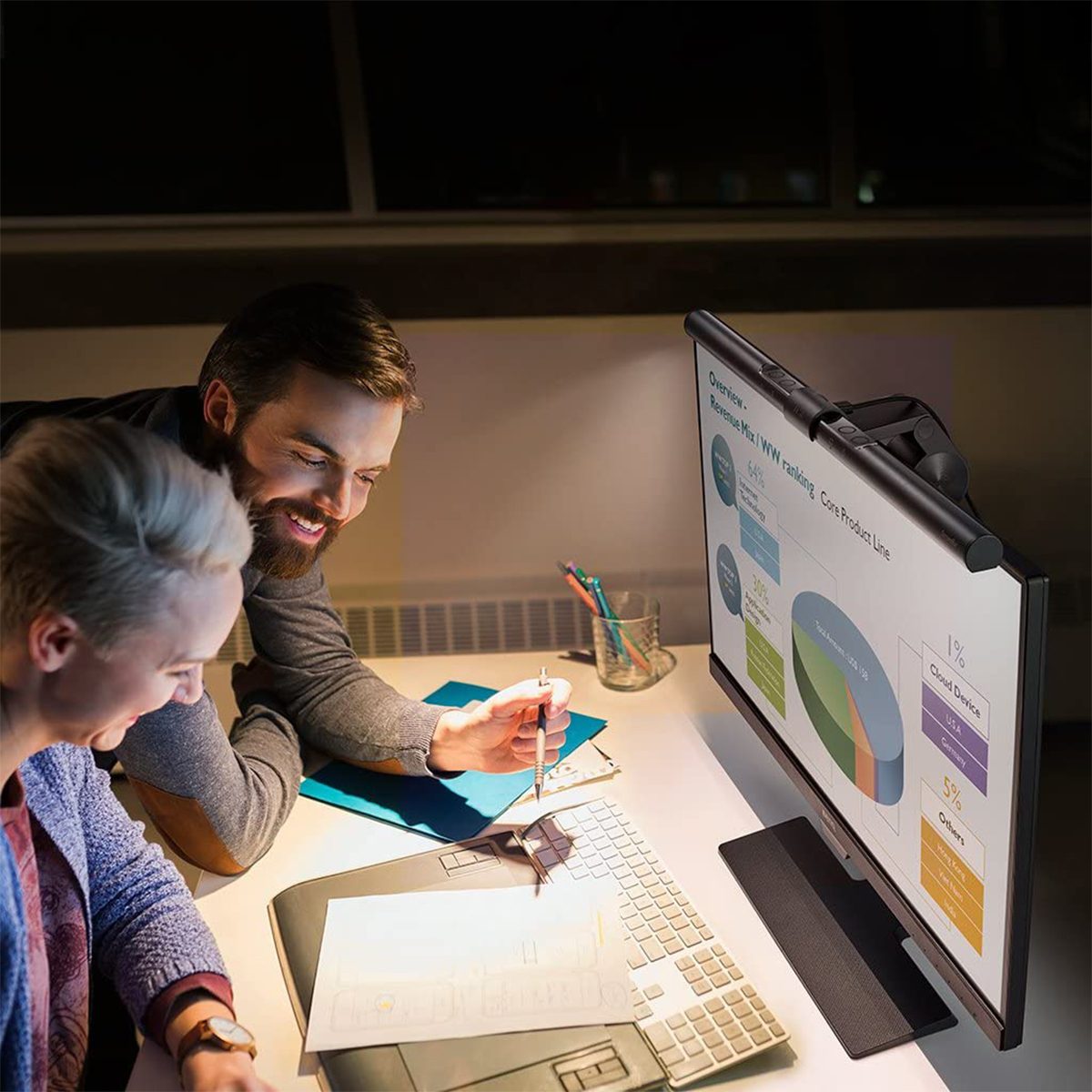 Benq Screenbar Monitor Light on a computer with two people working at a desk together