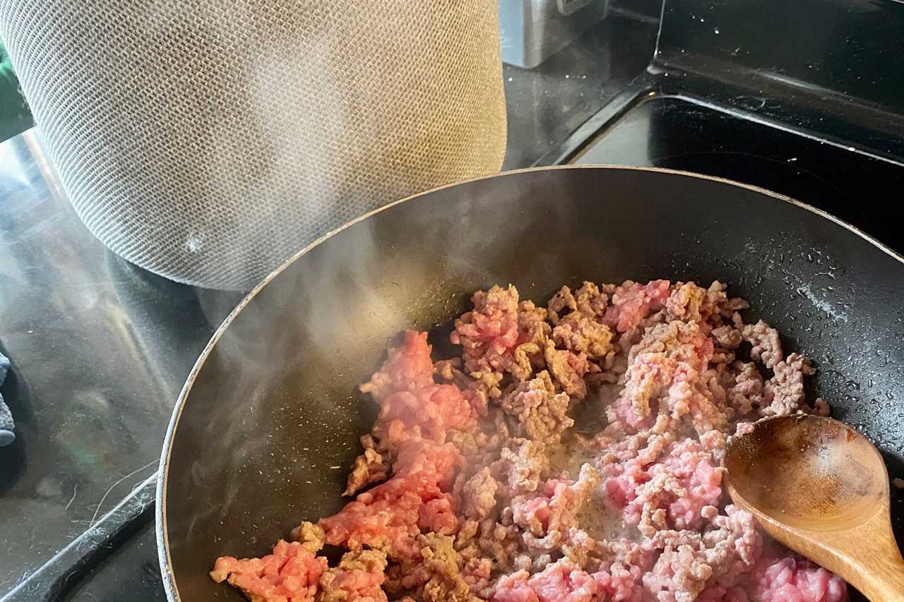 Blueair Air Purifier next to a pan of beef on the stove