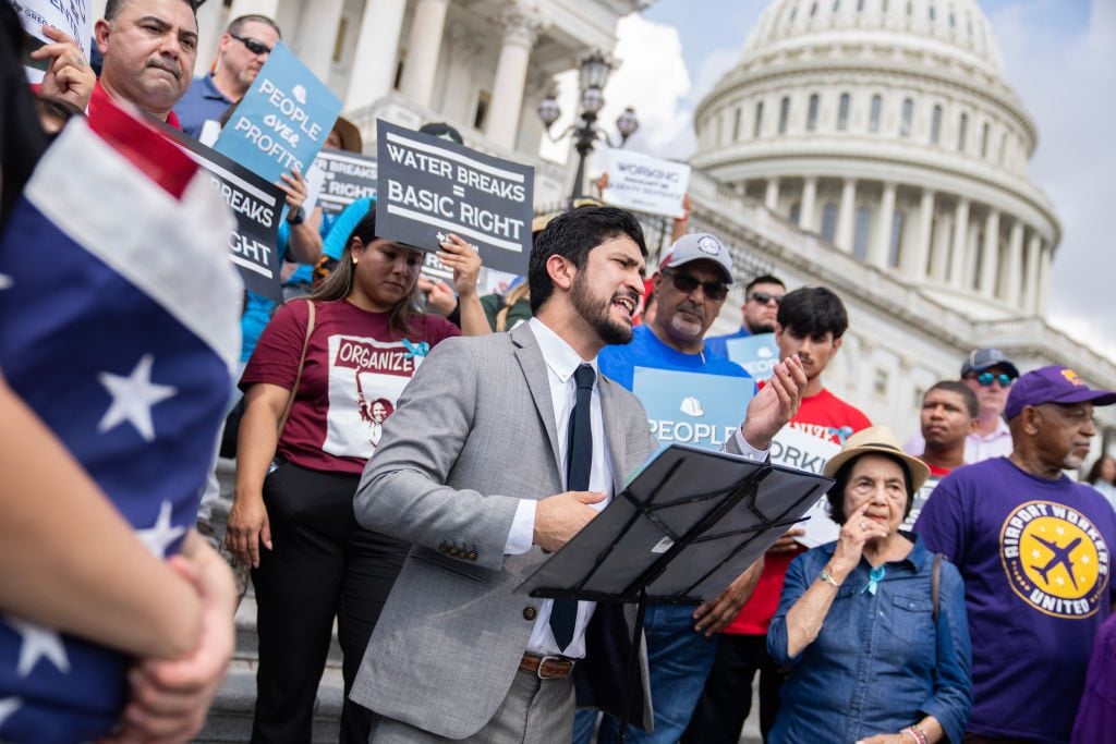 Rep. Greg Casar, D-Texas,  speaks during a Vigil and Thirst Strike for Workers' Rights on the House steps of the U.S. Capitol on Tuesday, July 25, 2023