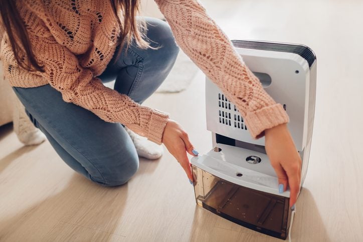 Woman changing water container of dehumidifier at home