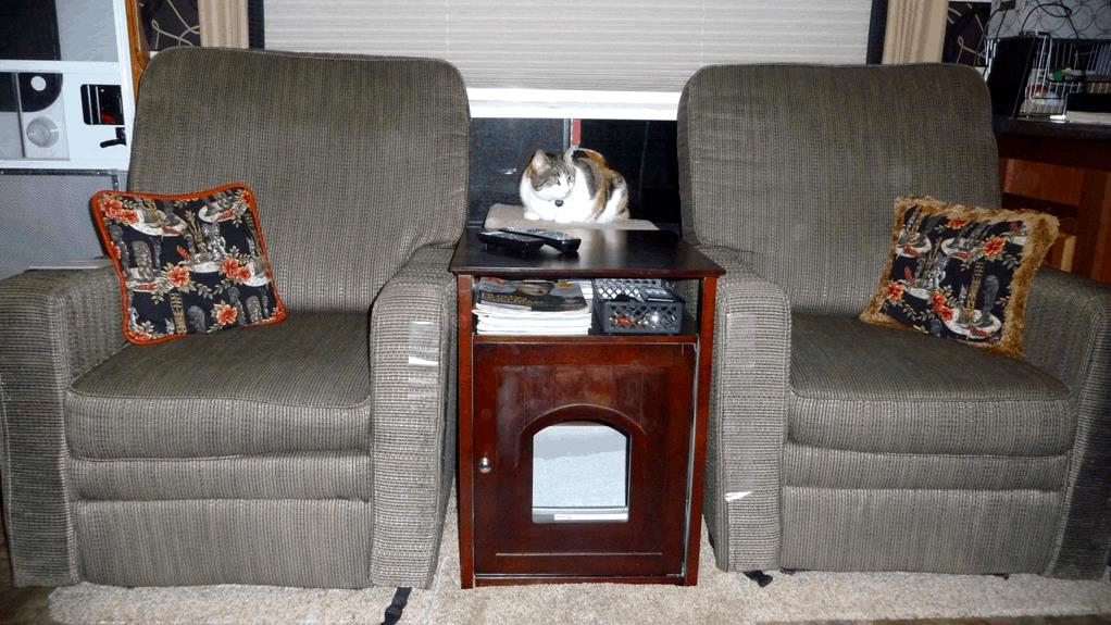 Rosie the cat with her litter box cabinet traveling in an RV