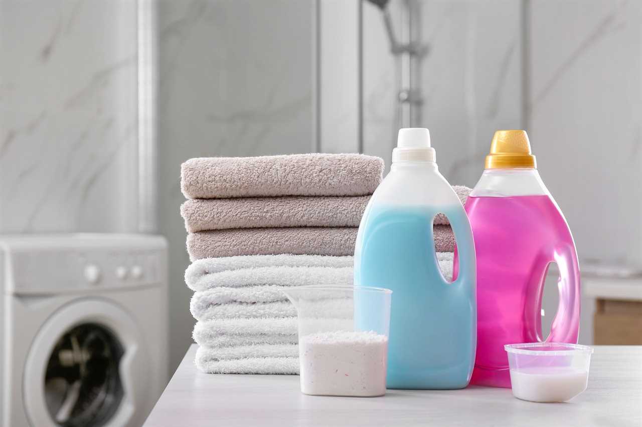 Stack Of Folded Towels And Detergents On White Table And Washing Machine In Background