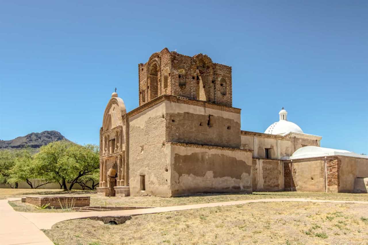 Exterior of a Spanish-style mission at Tumacacori National Historic Park in Arizona