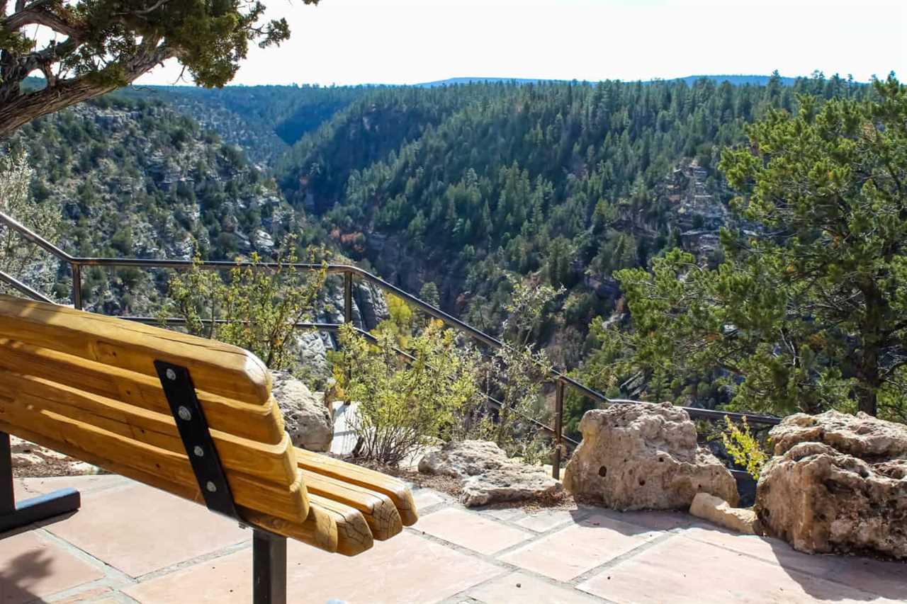 Bench overlooking the view in Walnut Canyon National Monument near Flagstaff, Arizona