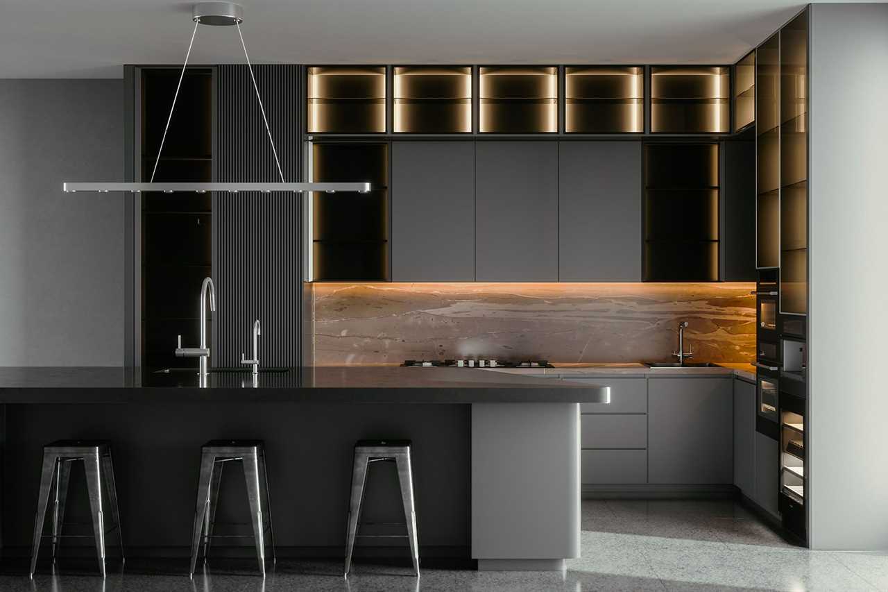 Black / gray modern kitchen interior with island, sink, cabinets, kitchen appliances and marble floor in a new luxury home