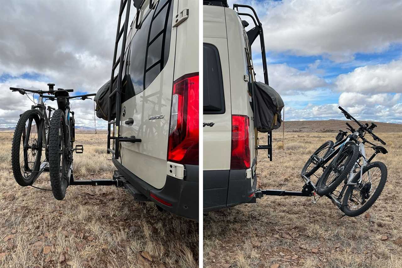 Bikes folded up and tilted down side by side