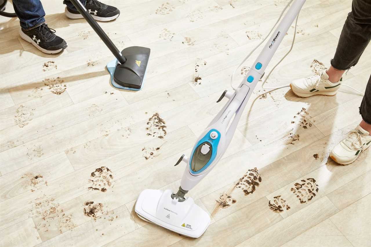 Testing steam cleaners on a dirty wood floor